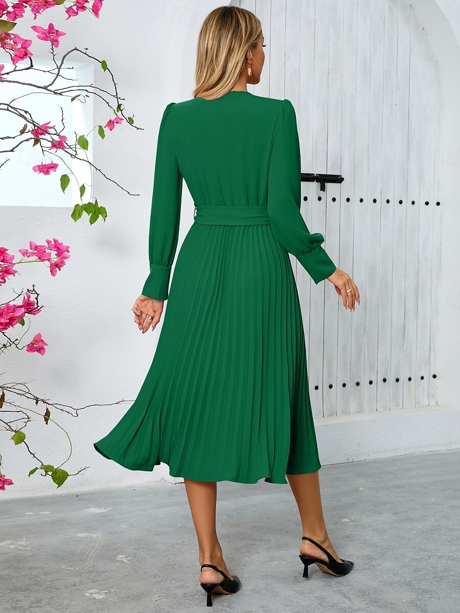 Women's Casual Dress Midi Dress Belted Casual V Neck Long Sleeve