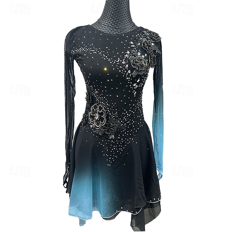 Figure Skating Dress Women's Girls' Ice Skating Dress Black Patchwork Thumbhole Mesh Spandex Stretchy Training Practice Professional Skating Wear Thermal Warm Crystal / Rhinestone Long Sleeve Ice 2025 - $294.49 –P1