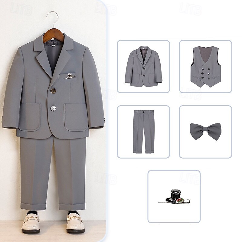 5 delar Ringbärarkostym Pojkar Barn Kostym Formell kostym Kavaj & väst & byxor & brosch & slips Formell Fest Mode Häftig Ensfärgat Ficka Blå Beige Grå Polyester 2025 - $52.99 –P6