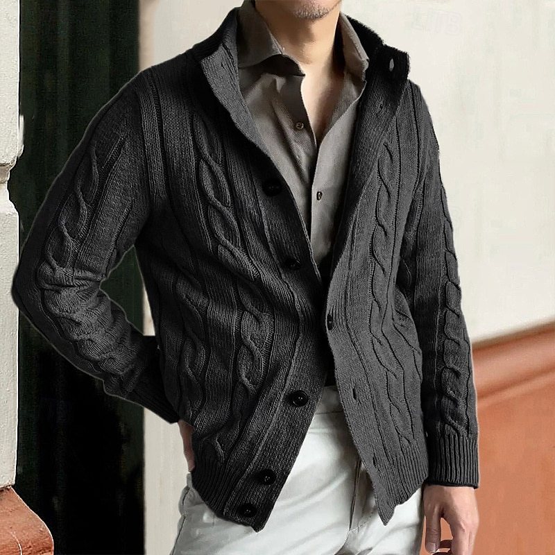 Herren Strickjacke Kurzer Pullover Gedrehtes Stricken Standard Knopf Feste Farbe Ständer Modisch Klassisch Urlaub Freizeitskleidung Bekleidung Herbst Winter Schwarz Kaki M L XL 2025 - $40.99 –P5