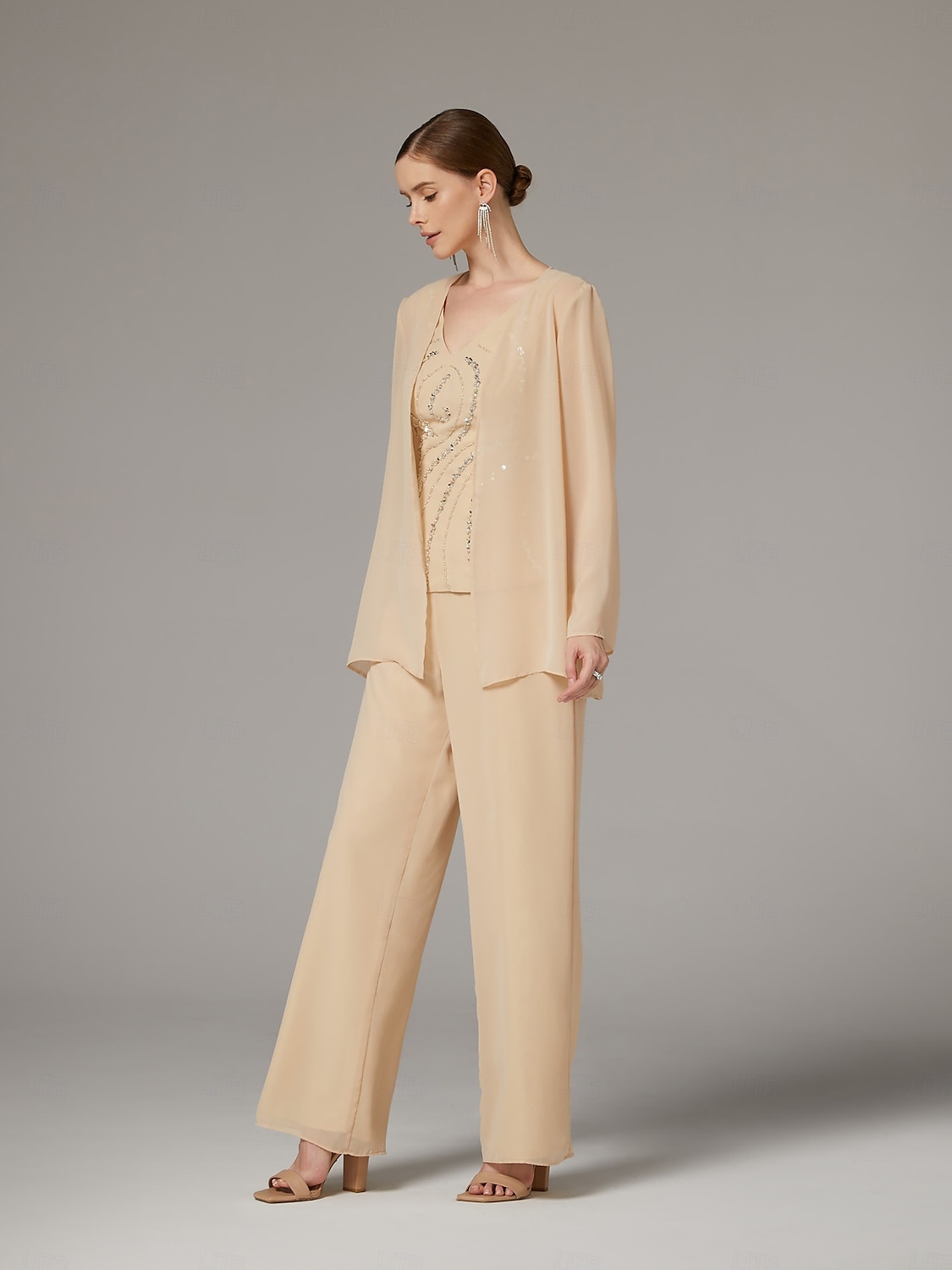 Combination  Pantalon Mère de la Mariée  Ensemble de 3 Pièces de Mariage à la Plage Élégante Luxueuse Col en V Longueur de Sol Chiffon Dentelle Sans Manches Enveloppement Inclus avec Broderies Sequin de 2025 ? $179.99 –P3