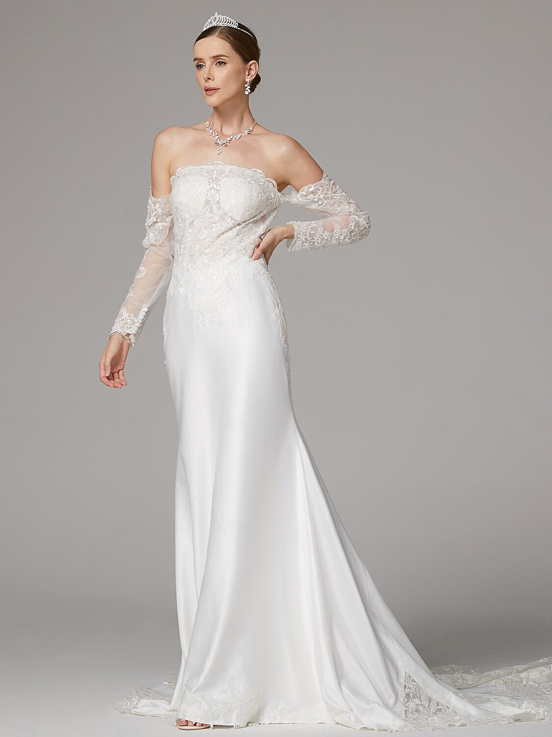 abiti da sposa sirena / tromba abiti separati abiti separati lunghezza pavimento strascico corte abiti da sposa in raso con applicazioni ricamate 2025 del 2025 a $221.99 –P1