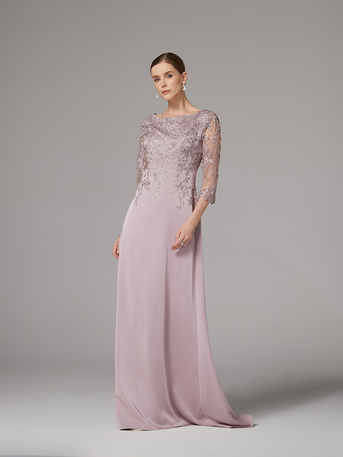 Sukienka sheath na plażę Sukienka matki panny młodej Elegancka Dekolt bateau Długość do podłogi Satyna 3/4 długości rękaw z aplikacjami koronkowymi 2025 - $186.99 –P2