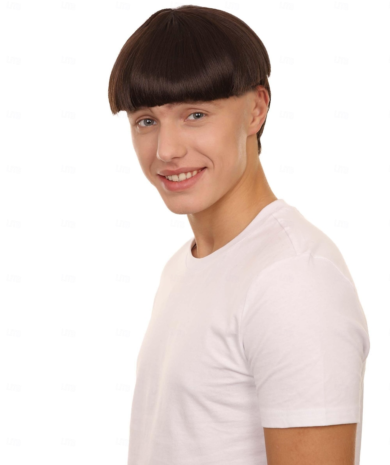 Peluca de corte de tazón retro de Halloween de 9 pulgadas para hombres adultos, colores marrones, cabello sintético suave para festivales, fiestas de anime, fibra sintética ignífuga 2025 - $18.99 –P2