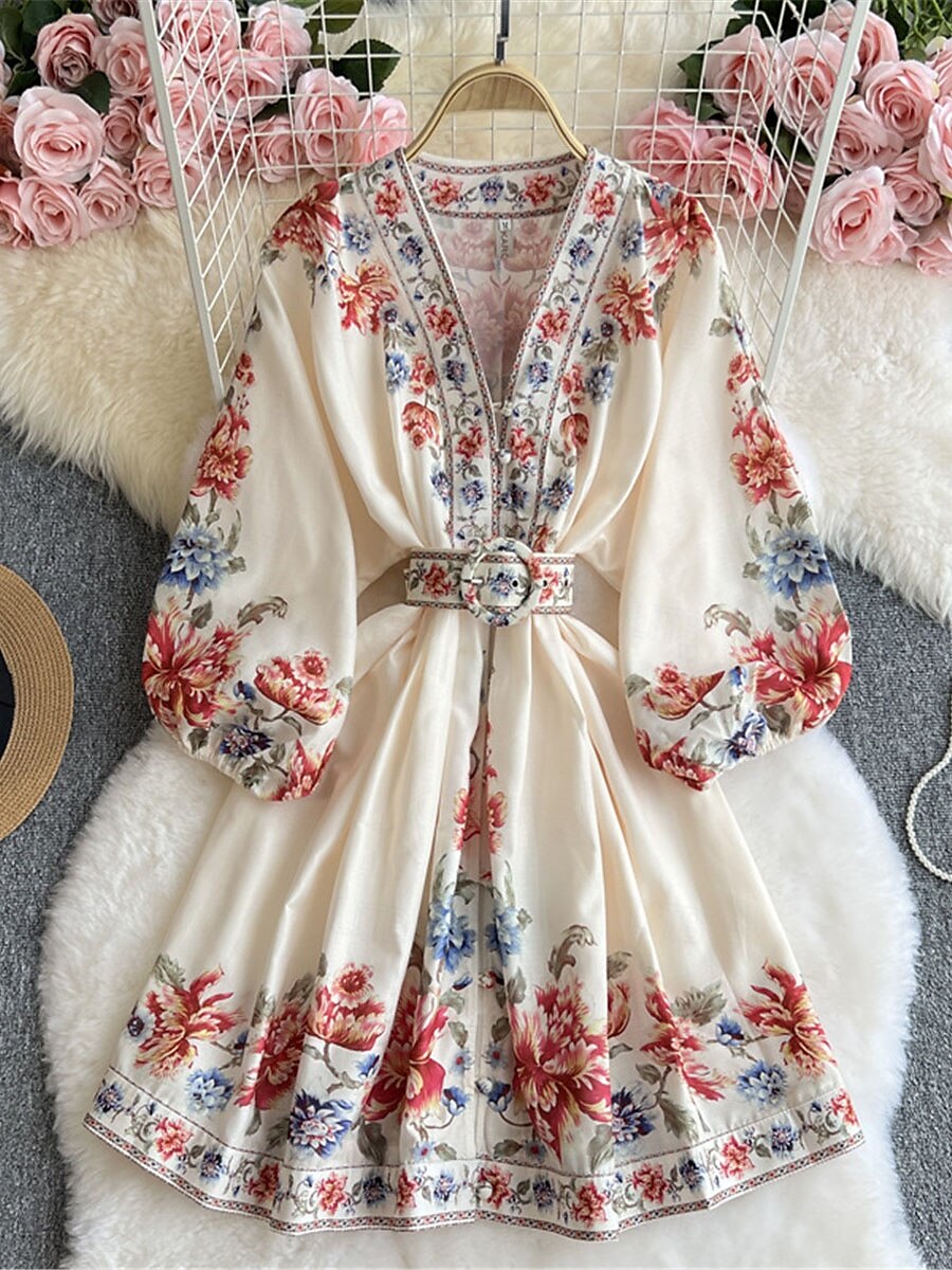Femme Robe mi-longue Robe casual Robe Évasée Robe Trapèze robe boheme Rétro Vintage Décontractées du quotidien Standard Floral manche longue Col V Bleu de minuit Beige Printemps Automne de 2025 ? $74.99 –P5