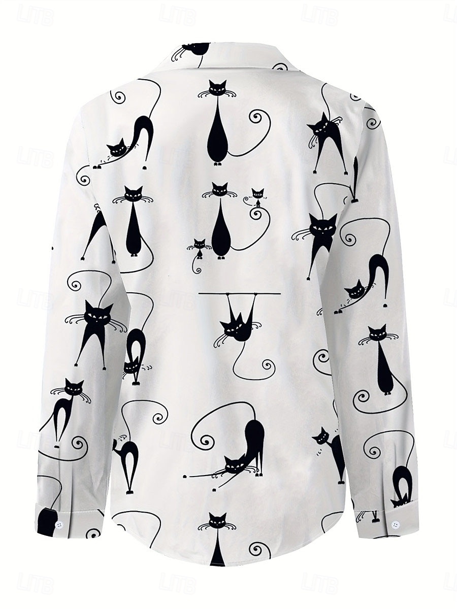 Damen Hemd Katze Lässig Langarm Hemdkragen Normale Oberteile Arbeit Täglich Knöpfe Druck Weiß Frühling Herbst Winter 2025 - $32.99 –P2