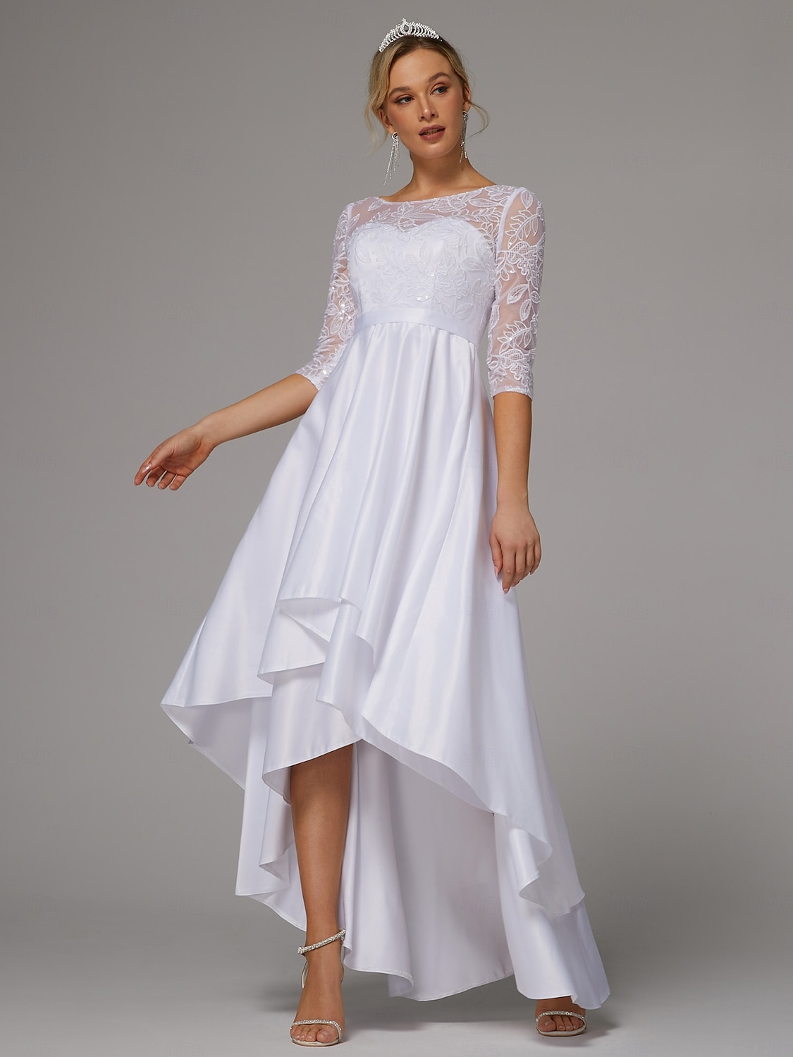 Abiti da sposa abito A-Line collo a barca maniche lunghe asimmetrico abiti da sposa in satin con pieghe mono colore del 2025 a $161.99 –P1