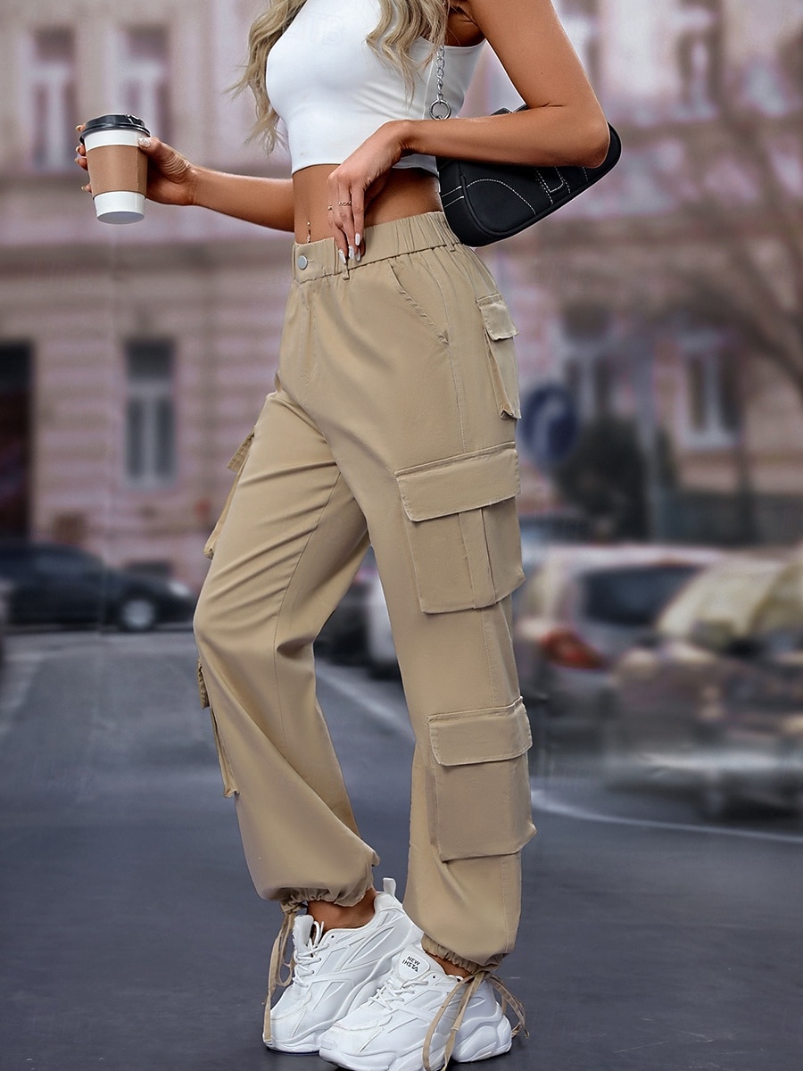 Dámské Kargo kalhoty Plná délka Pevná barva Černá Khaki Šedá Jaro & podzim 2025 - $36.99 –P2