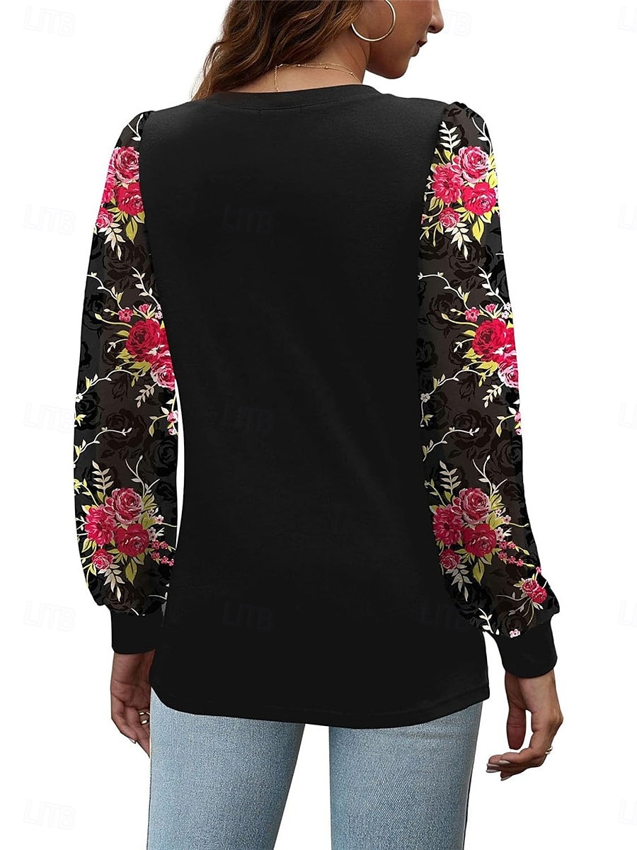 Per donna Camicia Blusa Floreale Informale Manica lunga Girocollo Top regolari Giornaliero Collage Stampa Nero Marrone Autunno Inverno del 2025 a $29.99 –P10