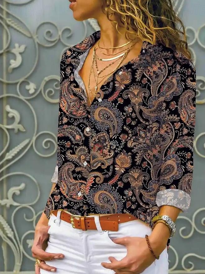 Femmes Chemise Fleuri Graphique Occasionnel manche longue Col de chemise Hauts Réguliers Travail Quotidien Boutons Imprimé Marron Printemps Automne Hiver de 2025 ? $32.99 –P3