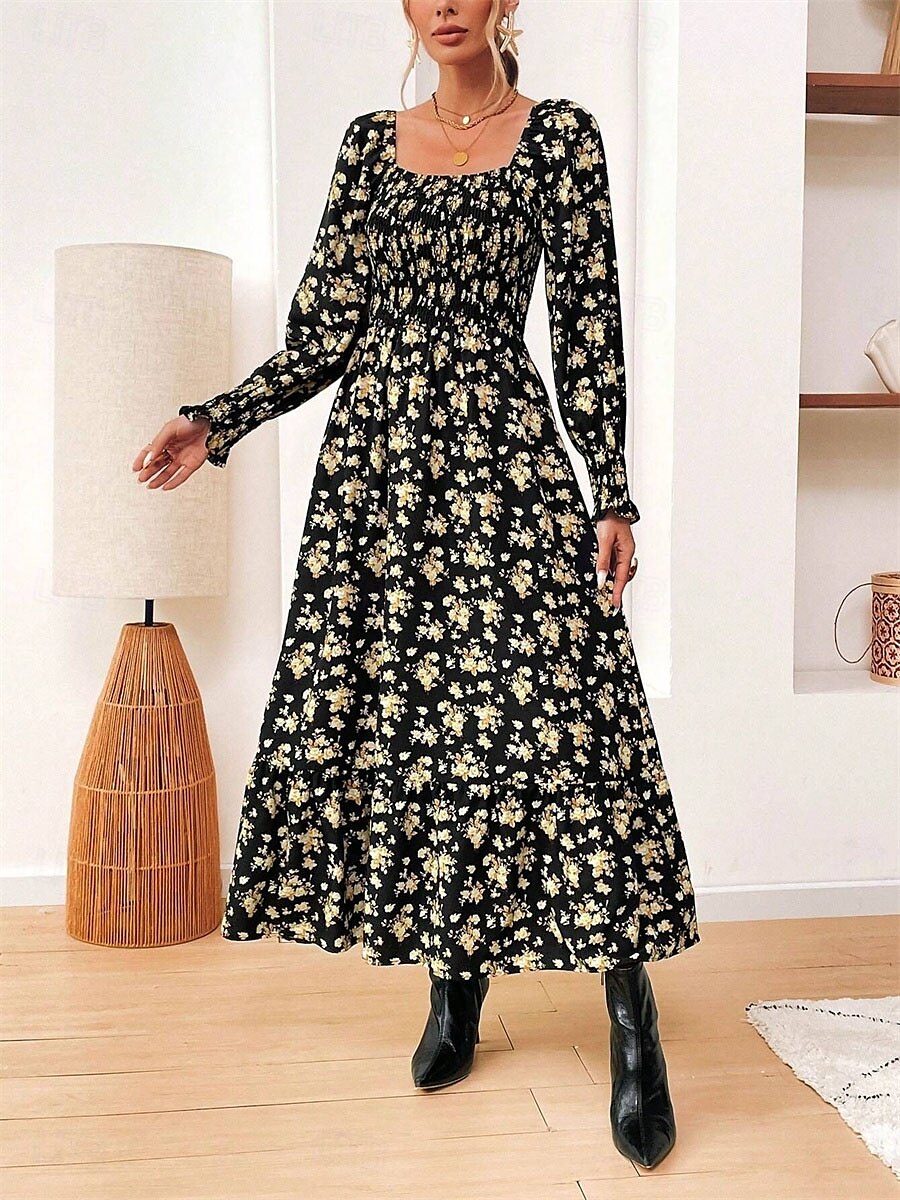 dames bloemen vierkante hals maxi jurk lange mouw zomer lente 2025 - $41.99 –P5