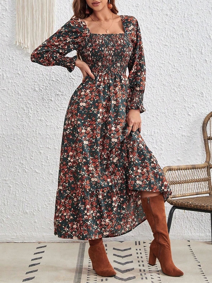 dames bloemen vierkante hals maxi jurk lange mouw zomer lente 2025 - $41.99 –P1