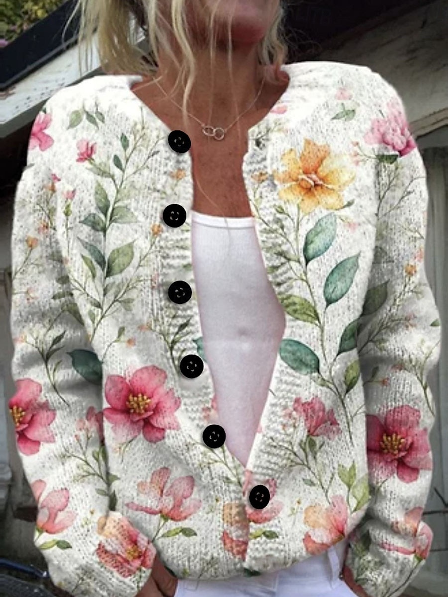 Dame Genser Kofte Fritid Myk Blomstret Riflet Crew-hals Knapper Lomme Strikket Langermet Vanlige topper Strikke utendørs Daglig Helg Svart Hvit Høst Vinter 2025 - $45.99 –P1