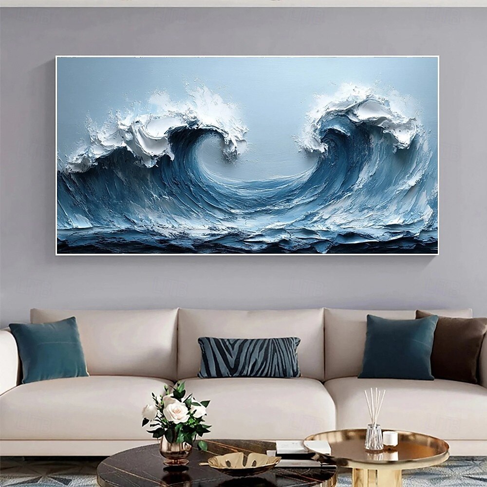 Blue Ocean Wave Painting on Canvas handmade Impasto Textured Painting Designer Serene Canvas Art handmade Choice Minimalist wave painting for Living Room Art Contemporary Art painting wall artwork 2025 - $75.99 –P4