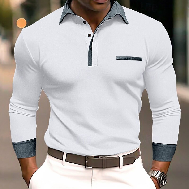 Herren Poloshirts Golf Poloshirts Strasse Geschäft Kargen Klassisch Langarm Modisch Basic Patchwork Tasche Farbblock Herbst Winter Jahreszeiten Regular Fit Hellblau Babyblau Schwarz Weiß Burgunderrot 2025 - $26.99 –P4