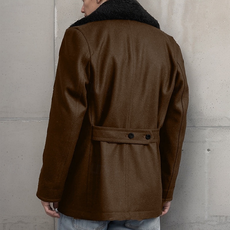 Herre Vinterjakke Ull frakk Frakk Jul utendørs Pelskanter Knapper Vinter Helfarge Jul Elegant Brettelig Krage Normal Svart Brun Jakker 2025 - $61.99 -P2