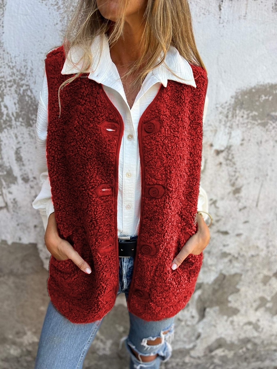 Dames Vest Buiten Straat Dagelijks Herfst Winter Normaal jas Normale pasvorm Houd Warm Ademend Hedendaags Stijlvol Jacks Mouwloos Effen Kleur Met zakken Zwart Rood Koffie 2025 - $32.99 –P5