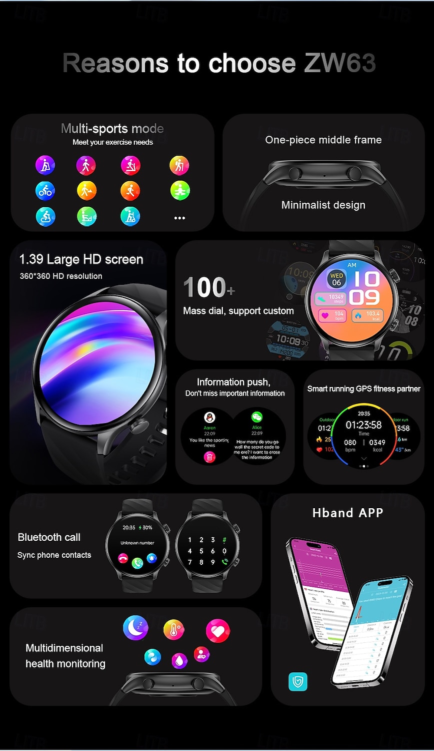 696 ZW63 Smart Watch 1.39 inch Smart Band Fitness Bracelet Bluetooth Pedometer Call Reminder Sleep Tracker Compatible with Android iOS Women Men Hands-Free Calls Message Reminder IPX-0 46mm Watch Case 2025 - $36.99 –P2