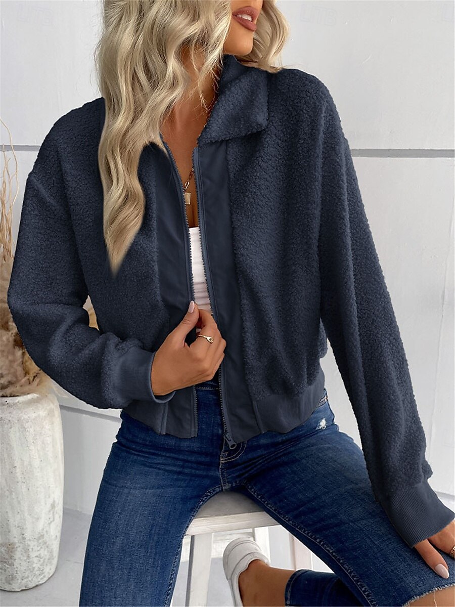 Women's Winter Coat Sherpa Jacket Outdoor Street Daily Wear Fall Winter Short Coat Regular Fit Thermal Warm Breathable Stylish Casual Jacket Long Sleeve Plain with Pockets Full Zip Dark Navy Army 2025 - $52.99 –P7