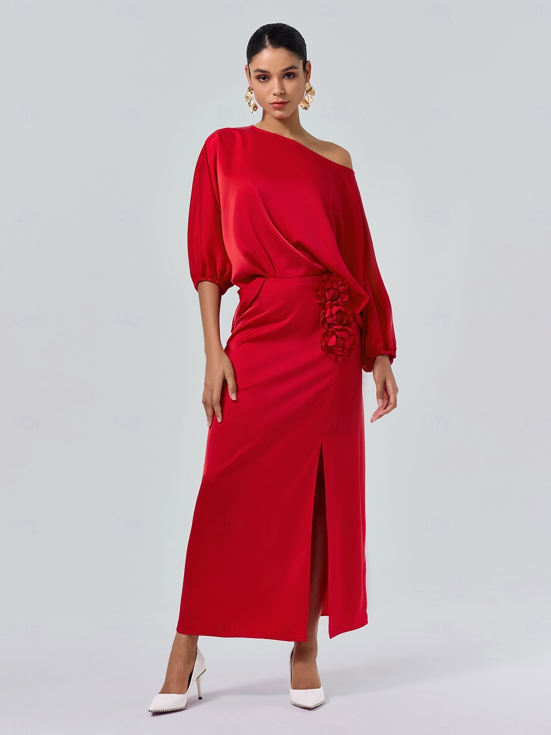 Set di due pezzi per invitati al matrimonio in raso, collo slash floreale, maniche a Giulietta, gamba larga del 2025 a $55.99 –P6