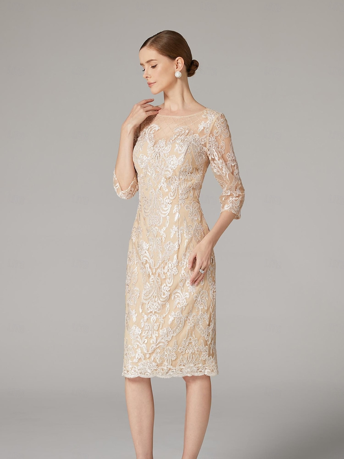 Abito a Due Pezzi Mother of the Bride Elegante Collo Gioiello Lunghezza al Ginocchio in Chiffon pizzo Maniche a Tre Quarti Inclusa la Giacca con Applicazioni in Perline Abito per la Giornata delle del 2025 a $192.99 –P5