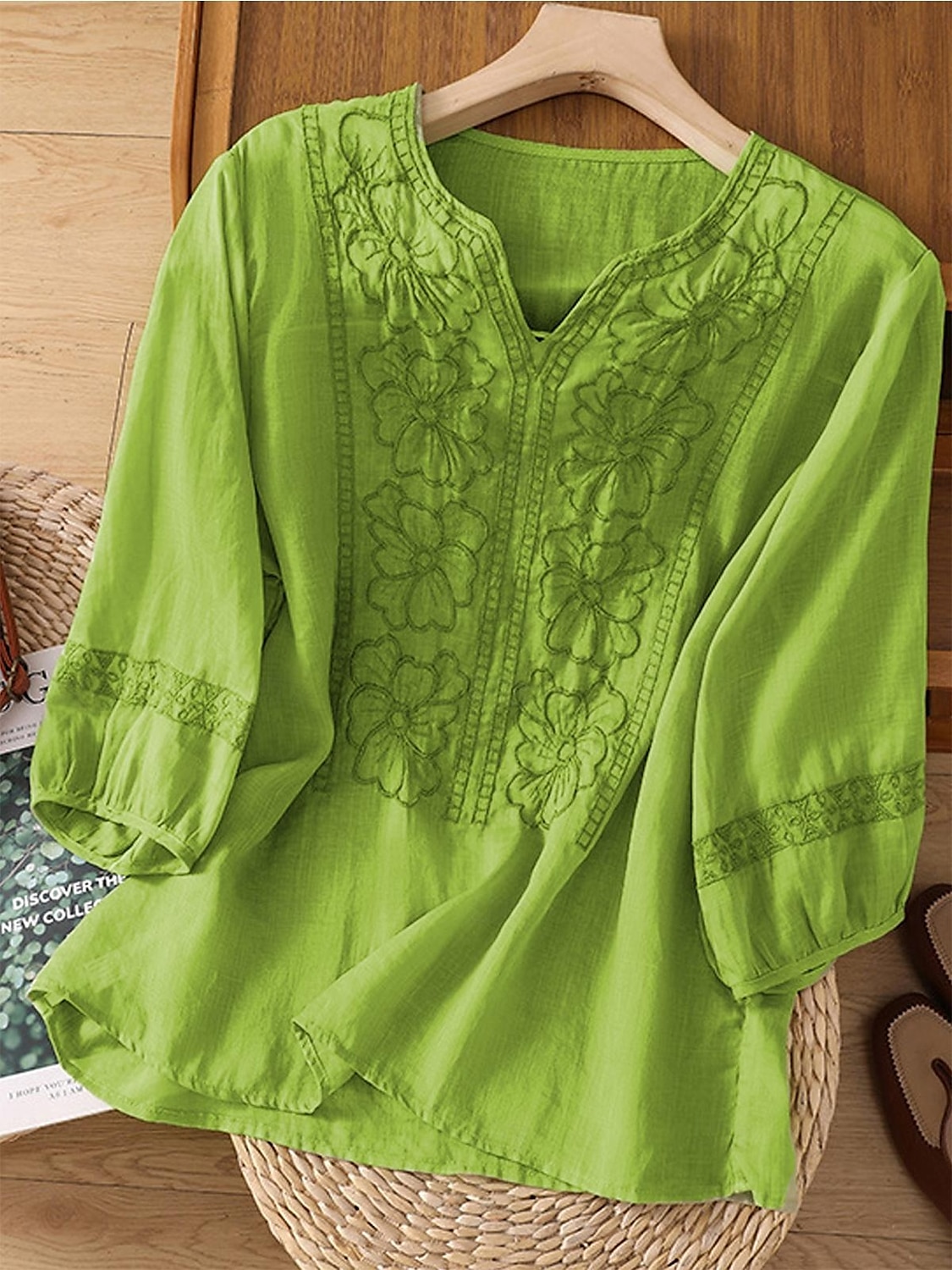 Damen Hemd Leinen-inspirierte Hemden Einfarbig Blumen Lässig Boho Dreiviertelarm Ellbogenärmel V Ausschnitt Normale Oberteile Urlaub Party Täglich Bestickt Gras-Grün Purpur Herbst Frühling & Sommer 2025 - $32.99 –P1