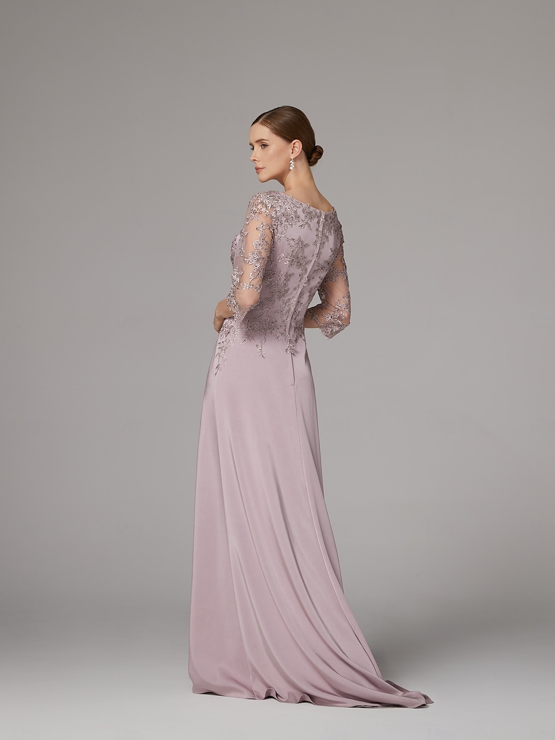 Sukienka sheath na plażę Sukienka matki panny młodej Elegancka Dekolt bateau Długość do podłogi Satyna 3/4 długości rękaw z aplikacjami koronkowymi 2025 - $186.99 –P3