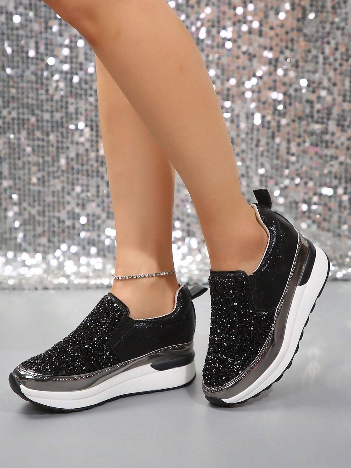 svarte slip-on joggesko for kvinner med glitterpynt og plattformsåle – stilige fritidssko for hverdagsbruk 2025 - $34.99 –P2