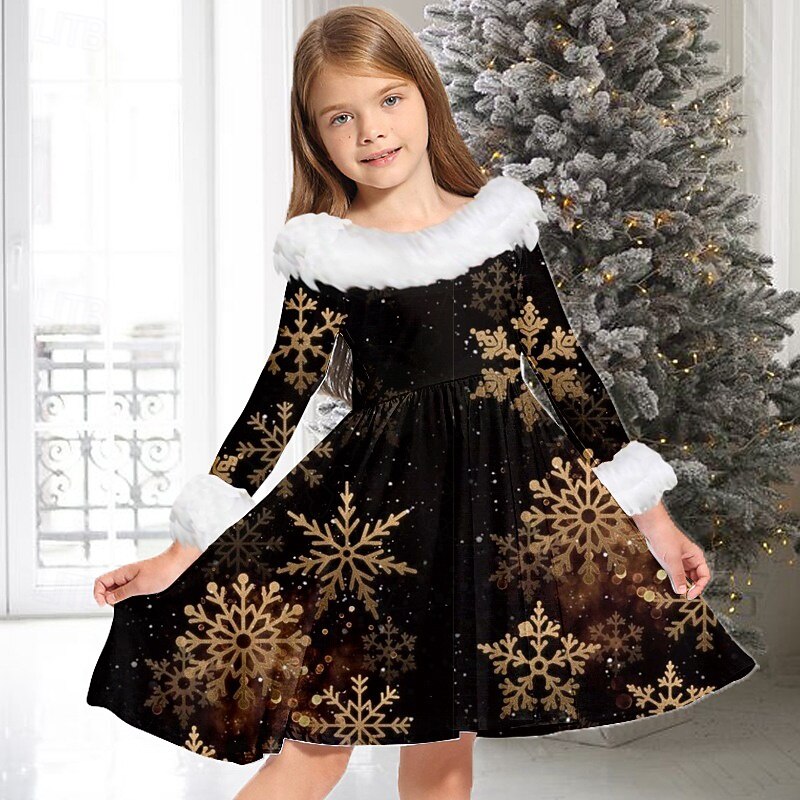 white christmas dresses In Stock）Girls Christmas Snowflake Print Dress main image 1