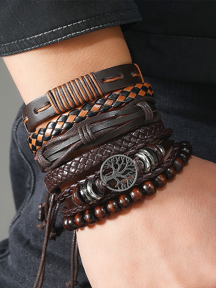 Men's Leather Bracelet Set – Vintage Multilayer Braided Cuff with Beads and Tree of Life Charm for Casual and Bohemian Styles 2025 - $9.99 –P1