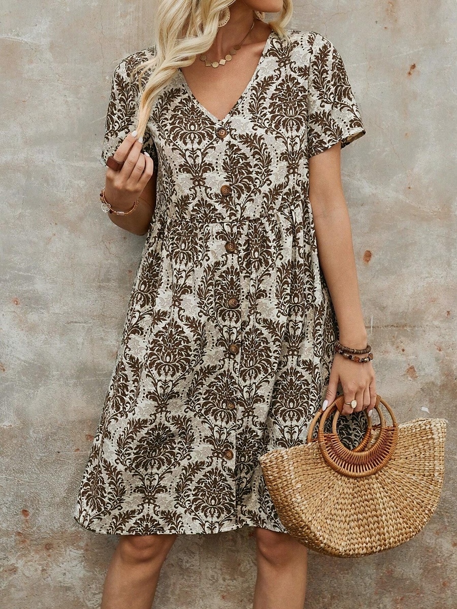 Femme Mini robe Robe casual robe boheme Rétro Vintage Décontractées du quotidien Standard Floral Manche Courte Col V Bleu Marron Vert Eté Printemps Automne de 2025 ? $35.99 –P11