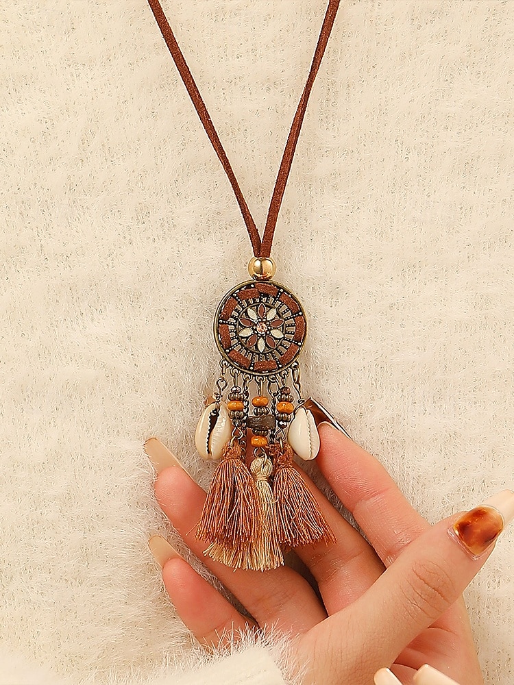 kvinners boho dusk halskjede med skinnsnor og drømmefanger anheng - perfekt for festivaler og bohem stil 2025 - $7.99 –P4