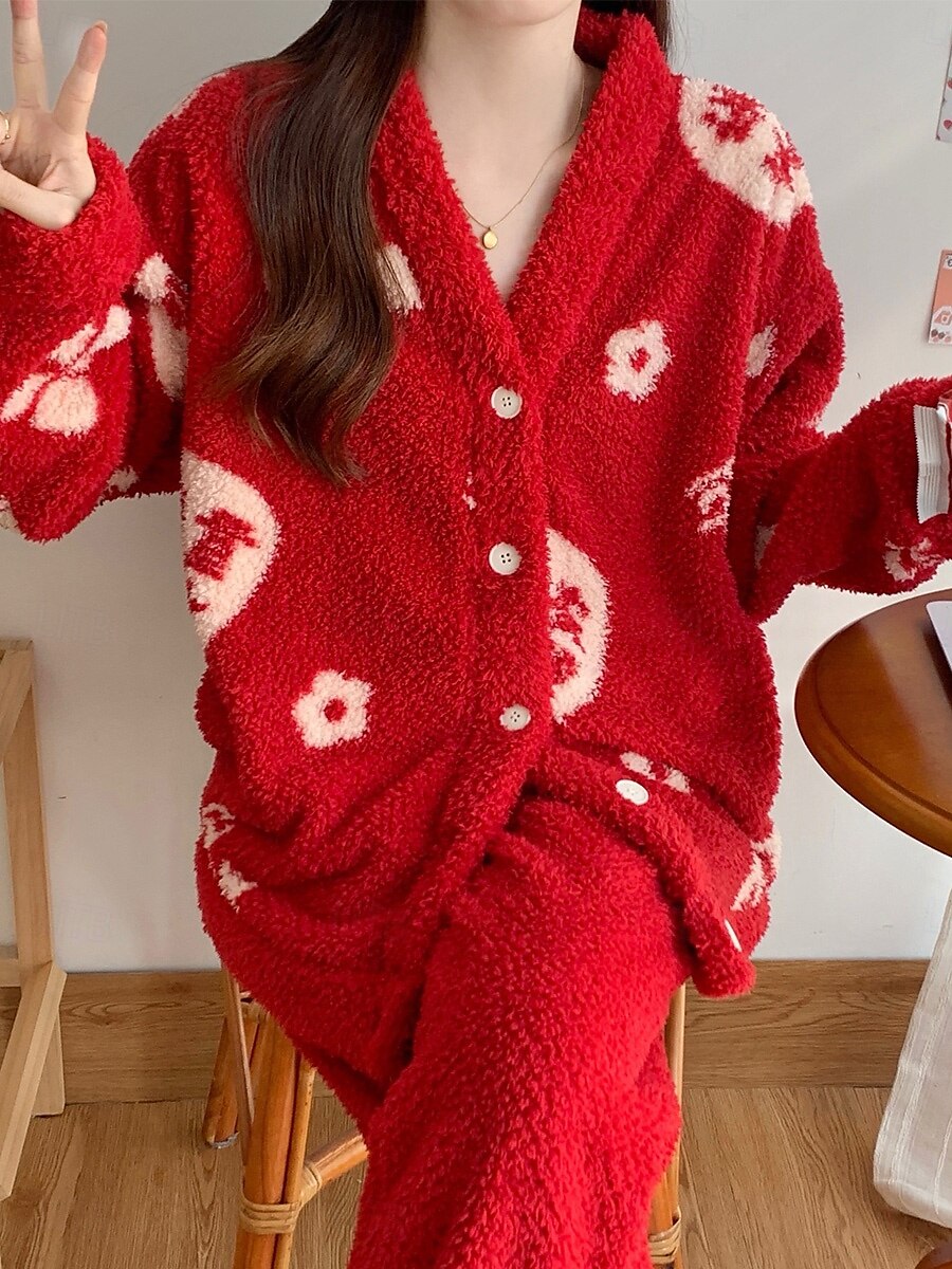 Women's Pajamas 2 Pieces Graphic Warm Fashion Home Sherpa Warm V Neck Long Sleeve Cardigan Pant Fall Winter Home Outfits 2025 - $66.99 –P5