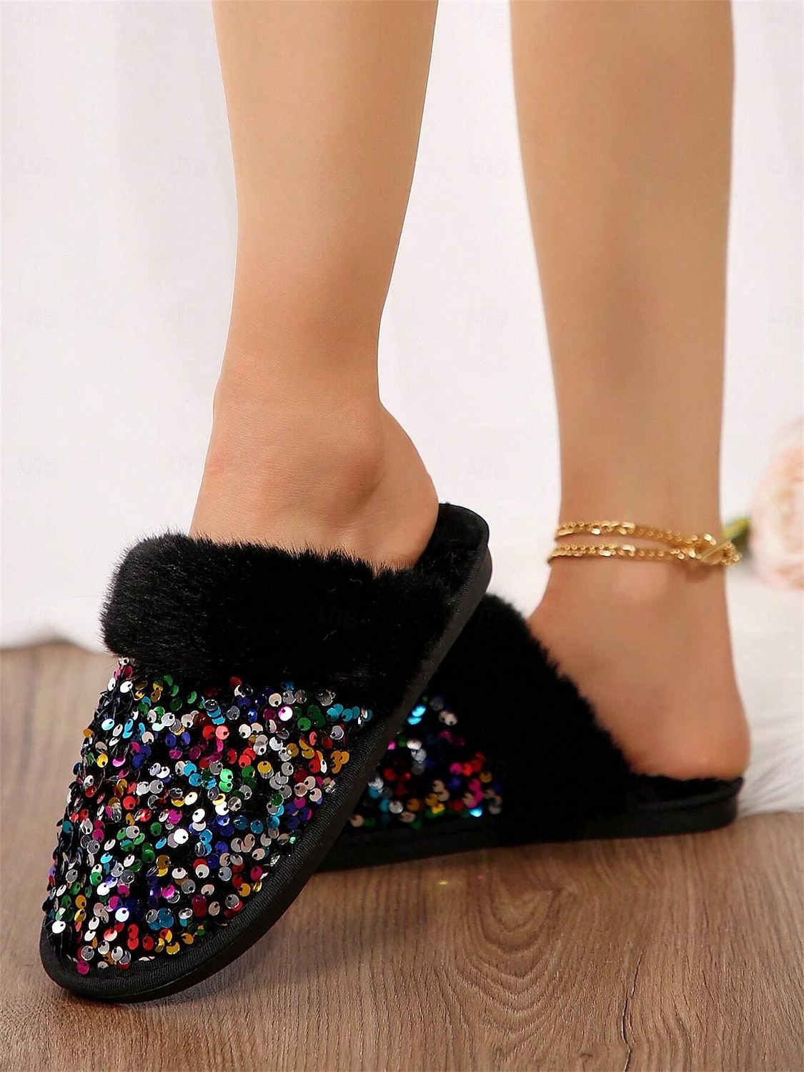 Schwarze, mit Pailletten und Fell gefütterte Damen-Hausschuhe mit mehrfarbigem Glitzer und bequemer Sohle – ideal für Luxus und Wärme in Innenräumen 2025 - $19.99 –P6