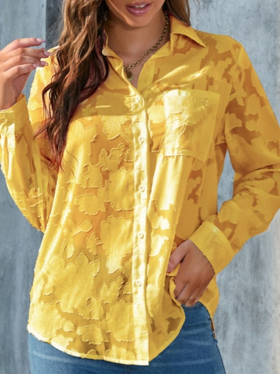 Kvinners hvite elegante blonde topper øyelet bluse uformell ensfarget vanlig topper lang erm skjortekrage knapper lomme vanlig passform daglig romantiske petite topper sommerferie slitasje hvit gul 2025 - $21.99 –P9