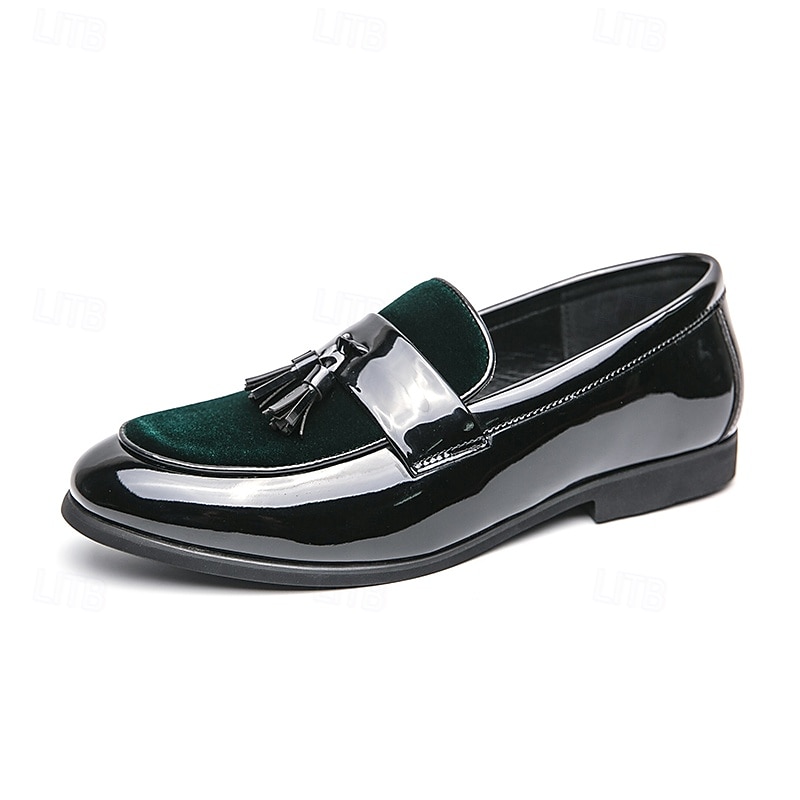 Men's Black Patent Faux Leather Tassel Loafers – Velvet Accent Slip-On Dress Shoes for Wedding and Formal Wear 2025 - $46.99 –P2