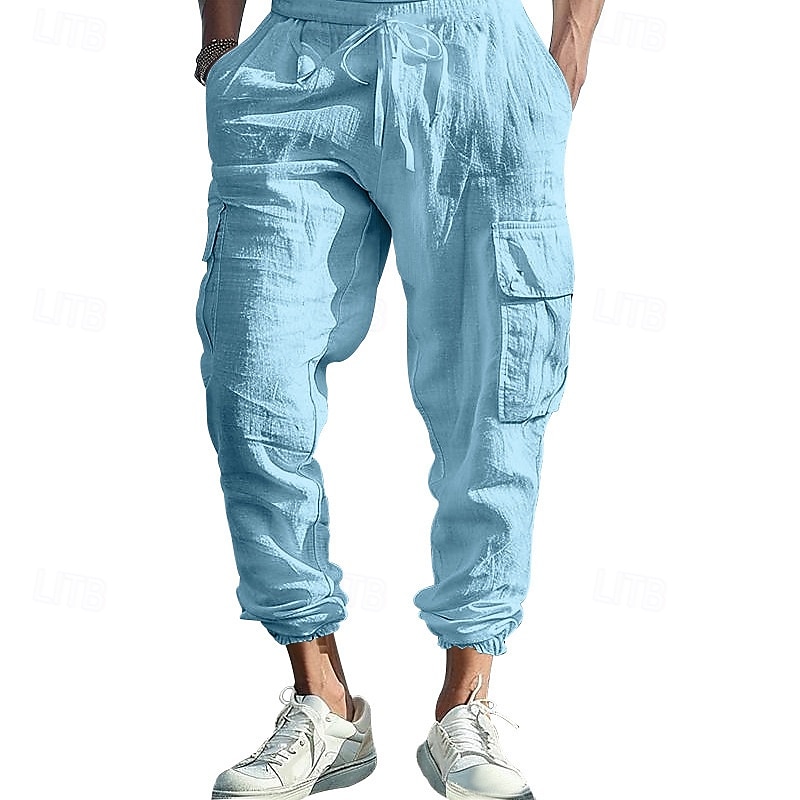 Herr Linne Byxor Cargo joggare Långbyxor Sommarbyxor Snörning Elastisk midja Flera fickor Slät Komfort Andningsfunktion Fullängd Utomhus Ledigt Dagligen Mode Klassisk Stil Svart Vit 2025 - $25.99 –P3