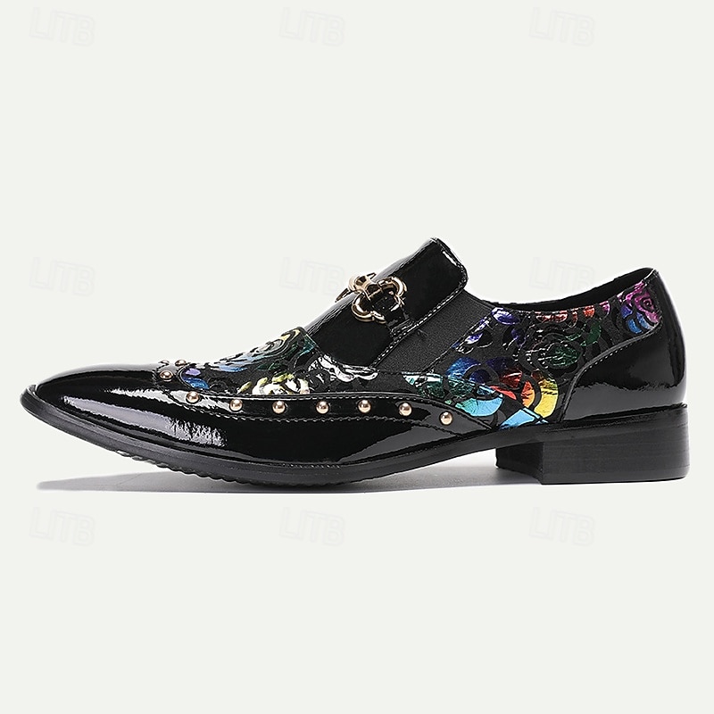 Men's Black Patent Leather Loafers with Gold Tip Floral  and Metal Buckle–Premium Cowhide Formal Shoes for Weddings, Parties, and Special Occasions 2025 - $109.99 –P4