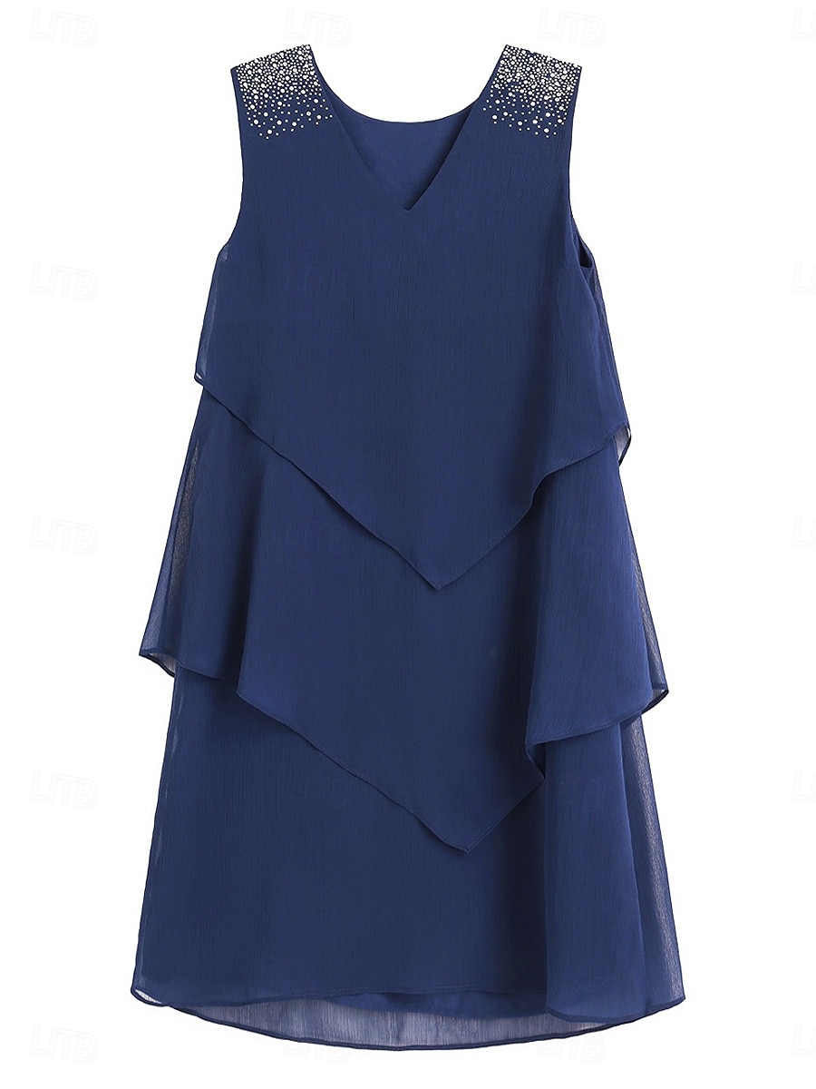 Women's Wedding Guest Cocktail Dress Chiffon Tiered Plain Layered Sequin Elegant Mini Dress V Neck Sleeveless Navy Blue Green Summer 2025 - $62.99 –P6