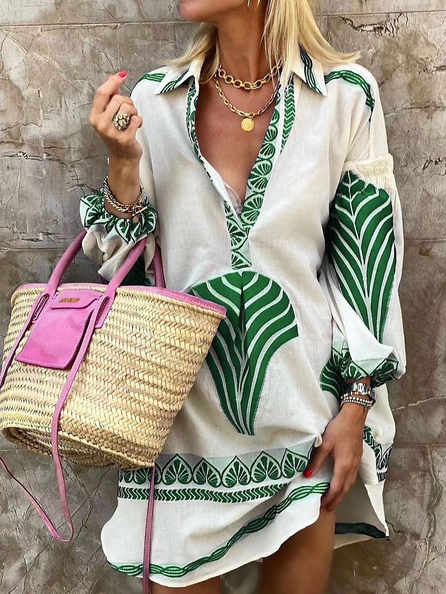 Pentru femei Rochie Mini Rochii Tip Cămașă Rochie casual Casual Zilnic Fit regulat Geometric Manșon Lung Guler Cămașă Negru Albastru piscină Trifoi Vară Primăvară Toamnă 2025 - $35.99 –P4