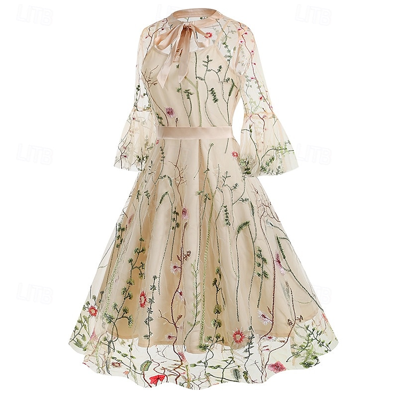 Elegantní Retro 50. léta Šaty Maškarní Výšivka Květiny Dámské Karneval Nový rok Plesová maškaráda Běžné / Denní loučení se svobodou nevěsty Dospělé Šaty 2025 - $48.99 –P2