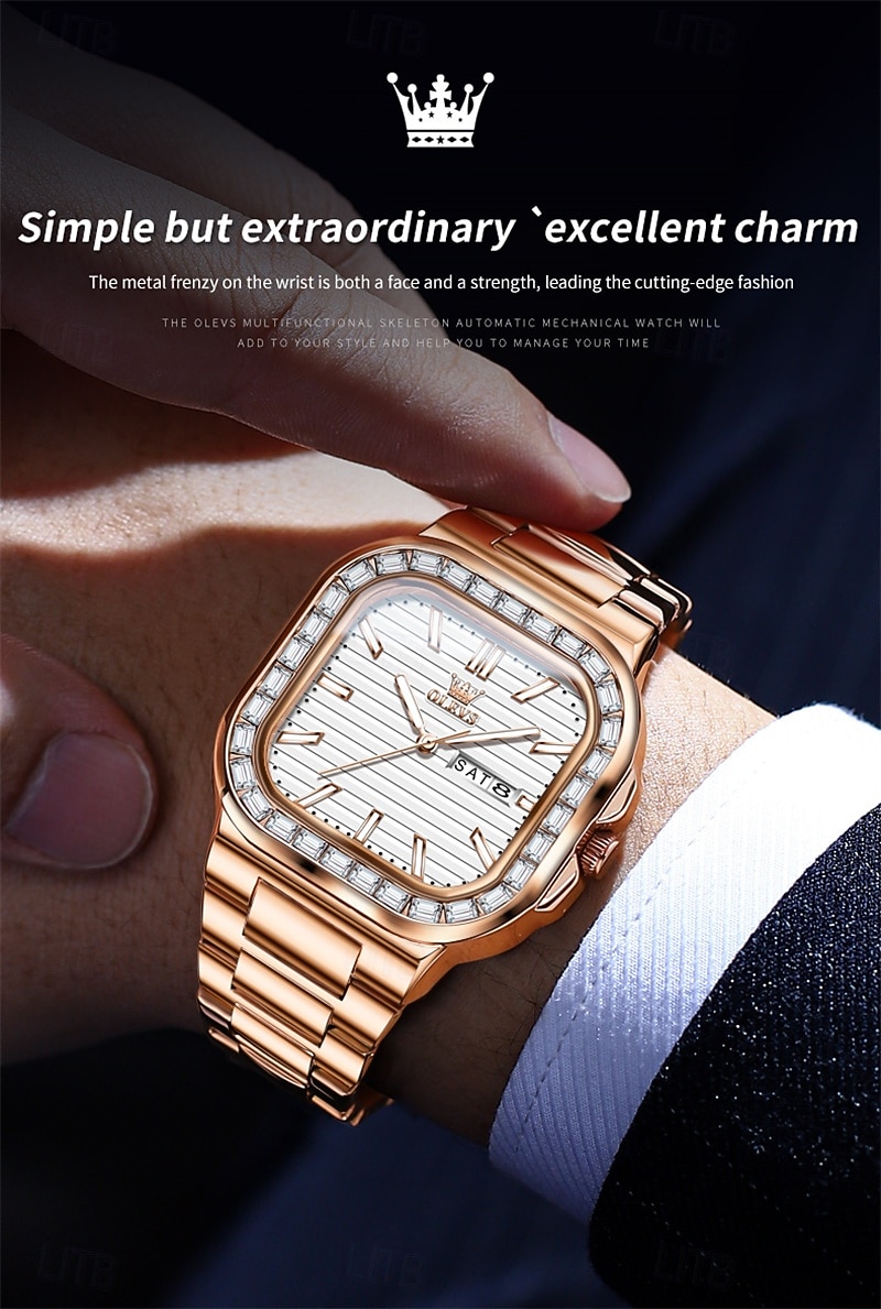 OLEVS miesten tankokello minimalistinen timanttikello muotipuku analoginen kvartsikello miesten kellot suorakulmainen vedenkestävä ruostumaton teräs hohtava päivämääräkello Valentinsdaglahja miehille 2026 - $41.99 –P11