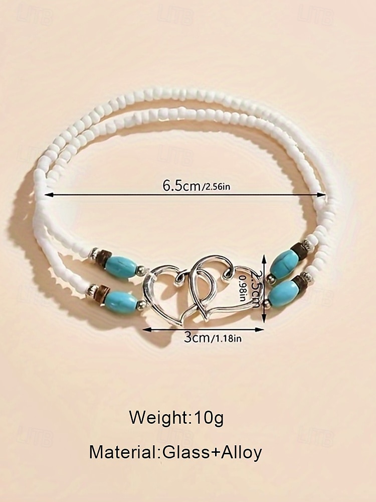 2026年 女性用ボヘミアン ダブル ハート ビーズ アンクレット、ターコイズとホワイト ビーズを使用した手作りビーチ ジュエリー、夏、休暇、ギフトに最適  コレクション – $9.99 –P6