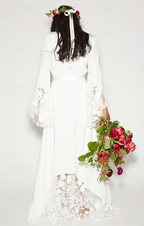 Abiti da Sposa Abito da Sposa in Spiaggia A-Line V Collo Maniche Lunghe Lunghezza Piena Chiffon Abiti da Sposa con Fusciacca  Nastro Colore Unito del 2025 a $210.99 –P2
