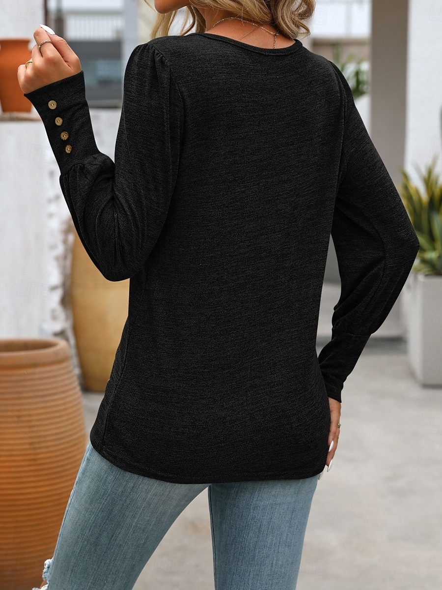 Dame Bluse Helfarge Stilfull Fritid Langermet Crew-hals Vanlige topper Daglig Knapper Svart Blå Fuksia Grønn Kakifarget Sommer Vår 2025 - $19.99 –P11