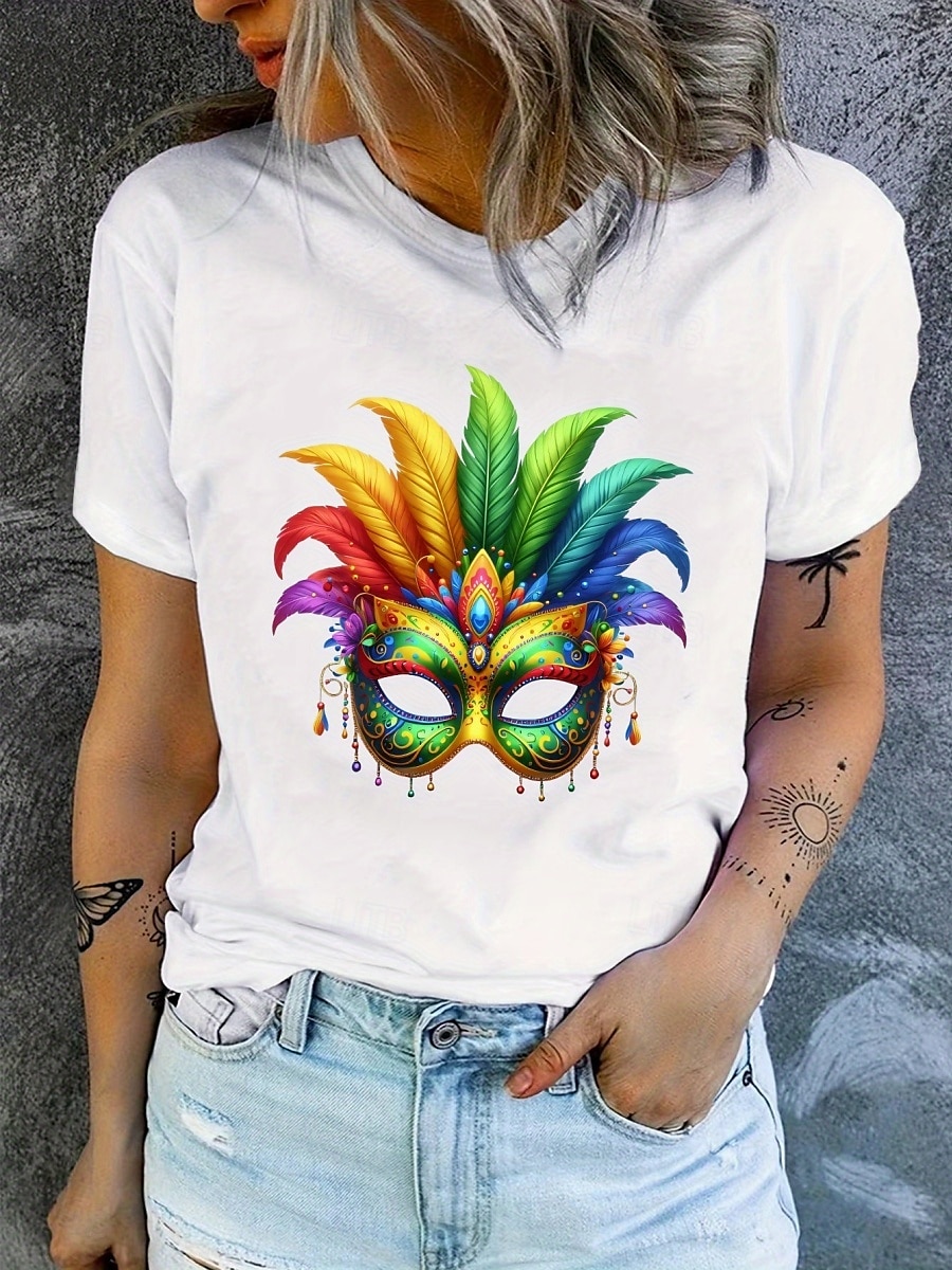 Mardi gras Damskie Podkoszulek Graficzny Codzienny Krótki rękaw Okrągły dekolt Zwykłe topy Codzienny Nadruk Czarny Biały Szary Lato 2025 - $19.99 –P1