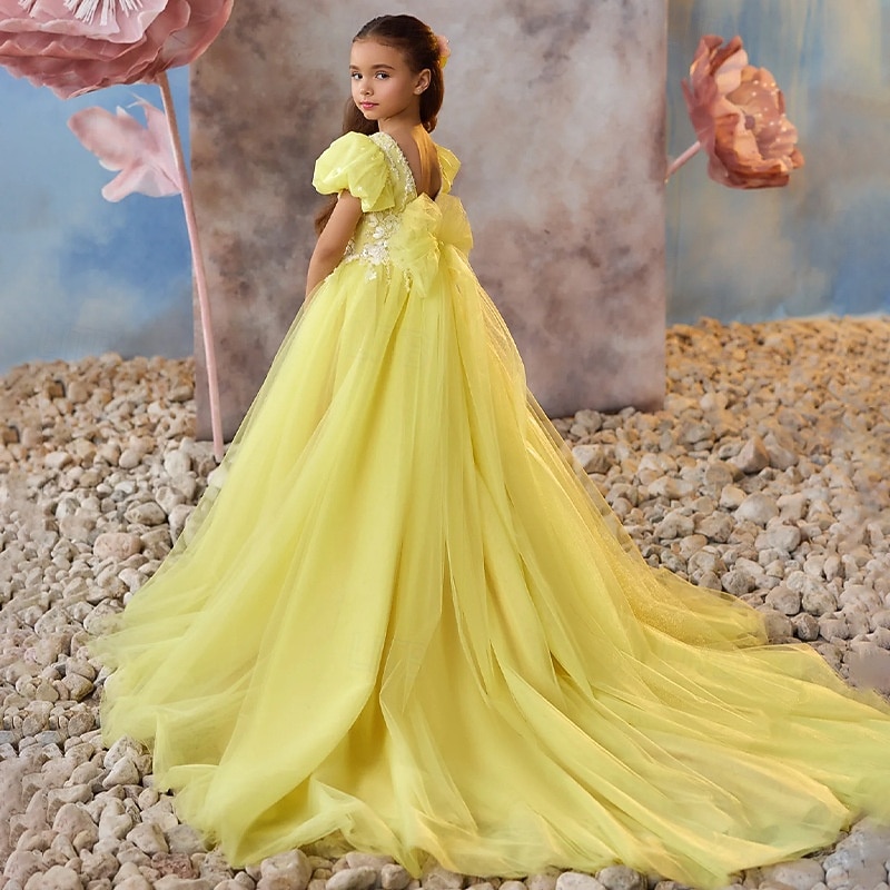 Kids Girls' Flower Girl Dress Party Dress Solid Color Sleeveless Long  Sleeve Performance Wedding Party Mesh