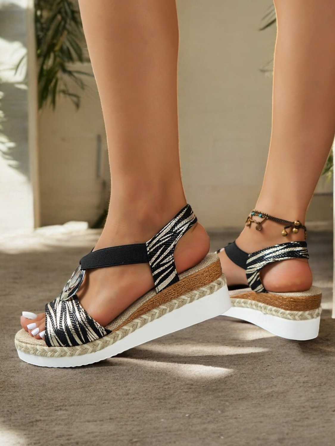 Damen-Espadrille-Keilsandalen im Boho-Stil mit metallischem Ringdetail – Riemchen-Sommerschuhe für Freizeit und Strand 2025 - $26.99 –P5