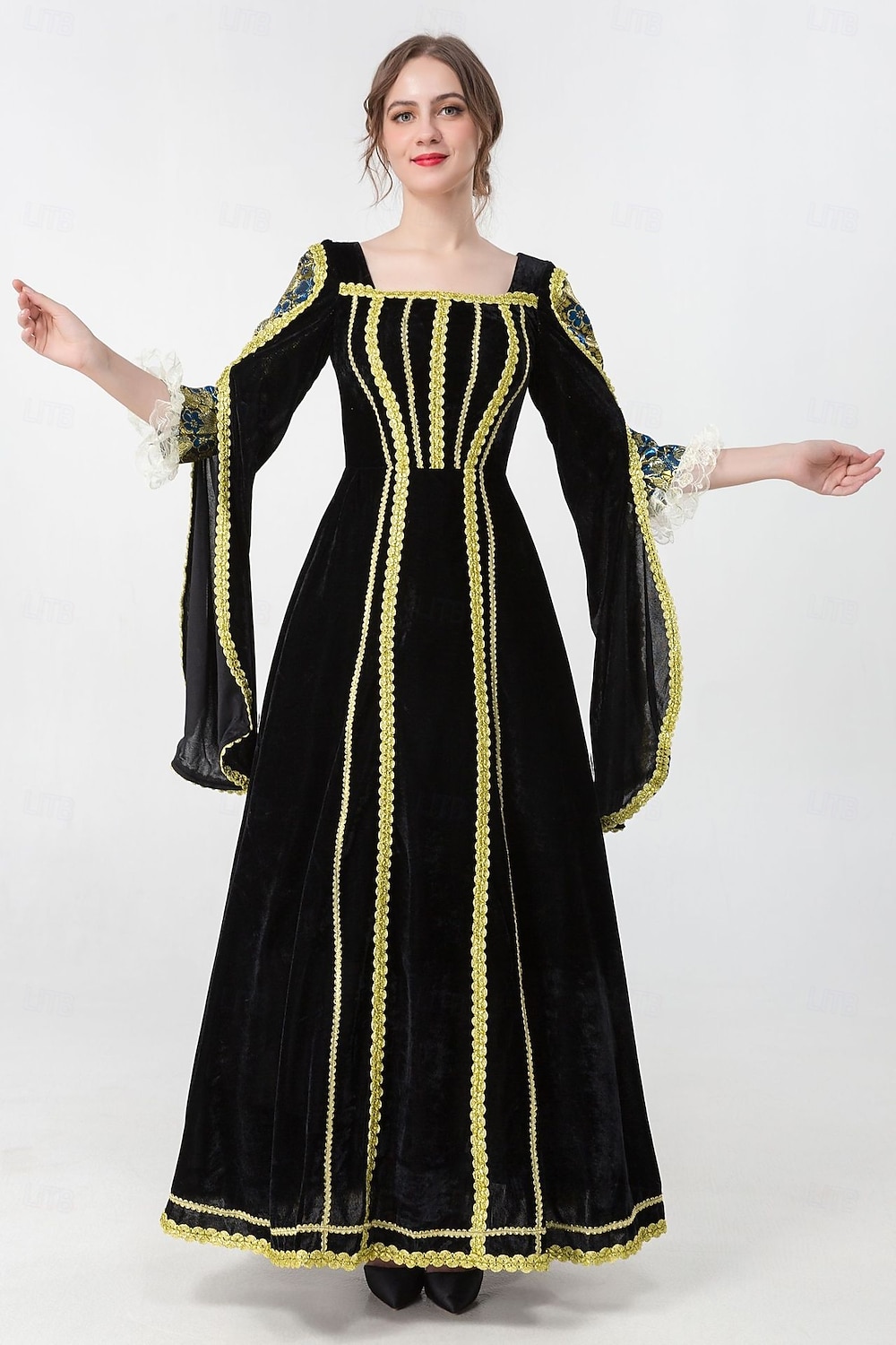 Mittelalterlich Renaissance Vintage-Kleid Maxi Kleid Glockenärmel Königin Wikinger Einfarbig Quadrathals Kostüm Damen königlich Halloween Karneval Maskerade Abschlussball Festival Erwachsene Kleid 2026 - $60.99 –P9