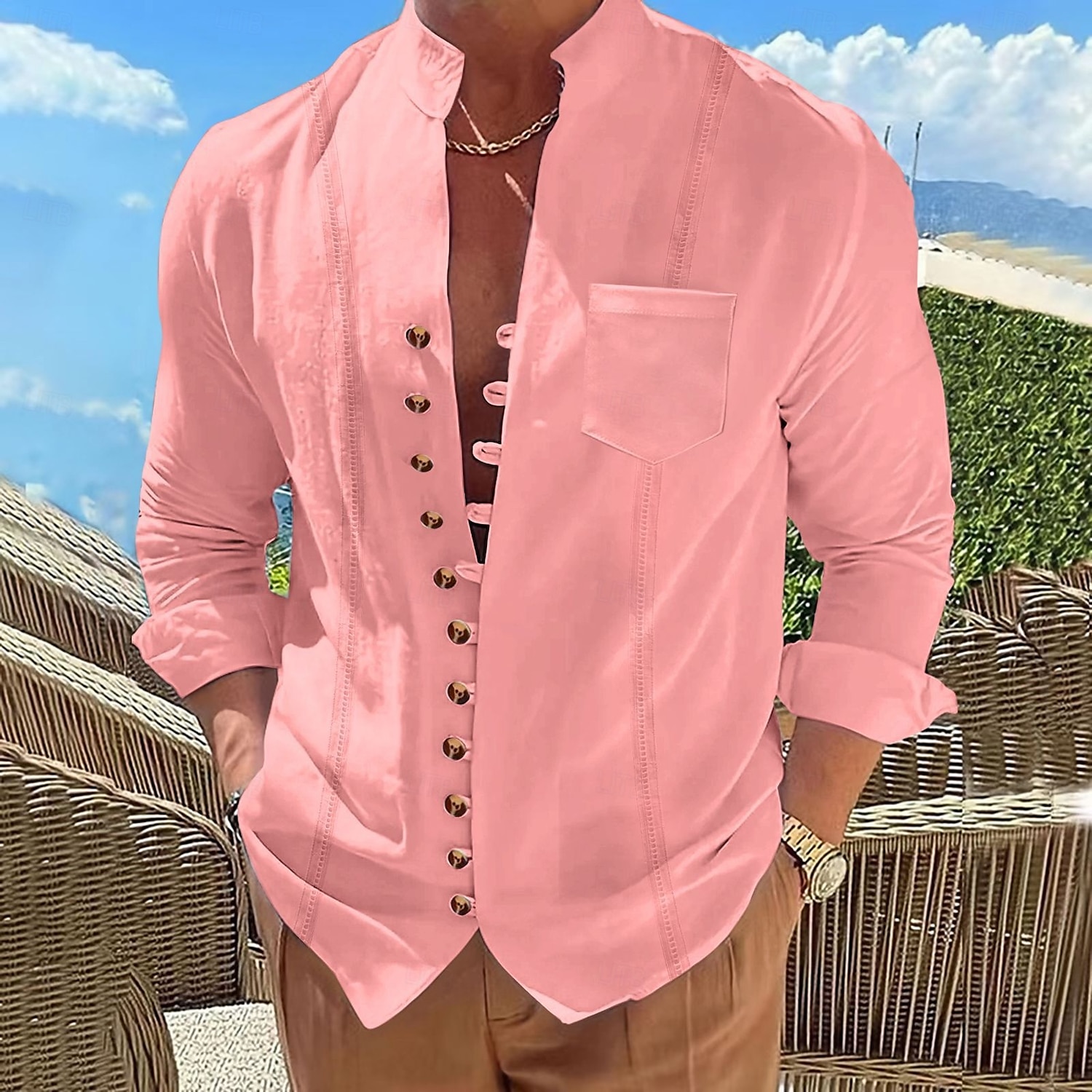 Per uomo Camicia Camicia di lino Camicia Guayabera Camicia Estiva Camicia casual Camicia con Bottoni Semplice Vacanza Crociera Nero Bianco Rosa Cachi Manica Lunga Colletto alla coreana Estate del 2025 a $26.99 –P5